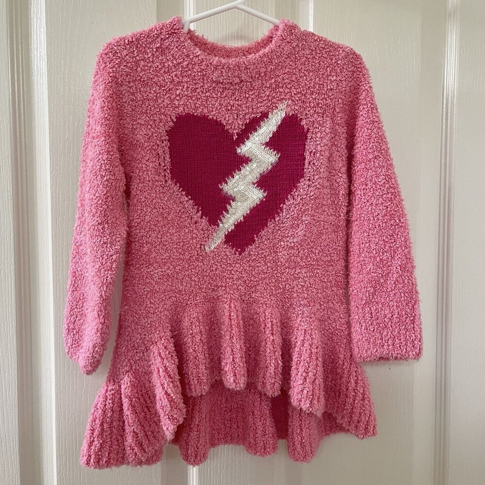 Hatley Pink Heart Lightning Bolt Fuzzy Tunic Peplum Sweater Girls Size 4